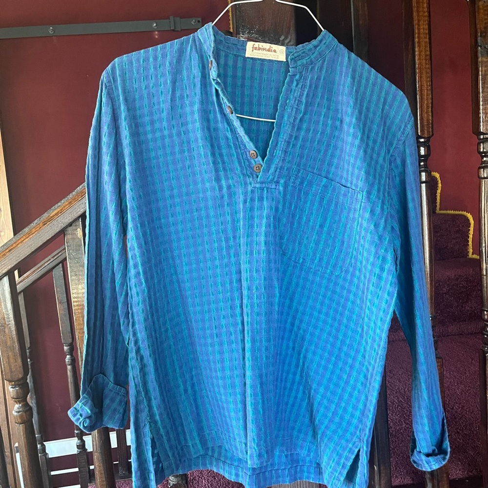 fabindia Blue Striped Cotton Long-Sleeve Henley Shirt